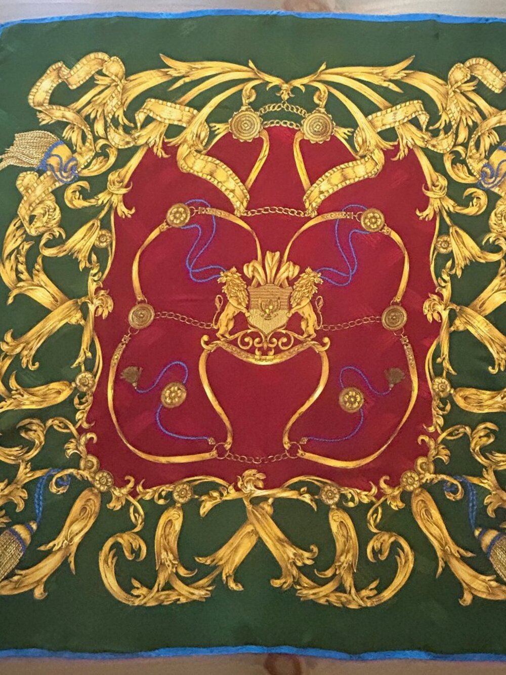Vintage Hermes Carré 90 Silk Scarf Green Crimson Lions Crest Ropes Chains